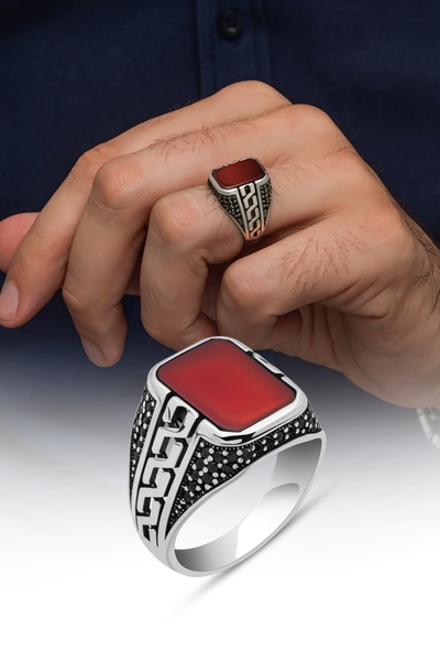 ALYANSEVİM Akik Taşlı Grek Motifli 925 Gümüş Erkek Yüzük