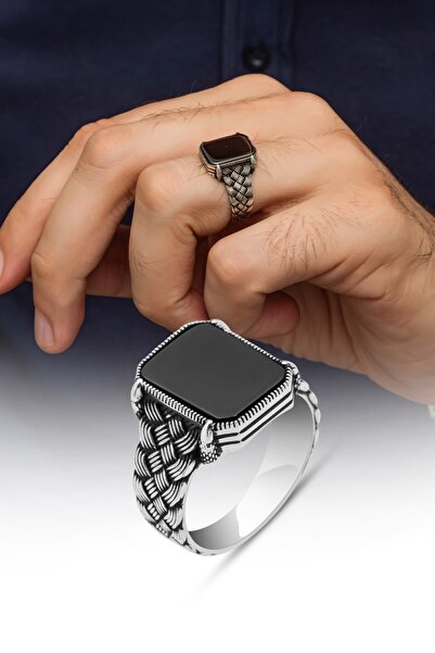 ALYANSEVİM Siyah Oniks Taşlı Kazaz Model 925 Gümüş Yüzük