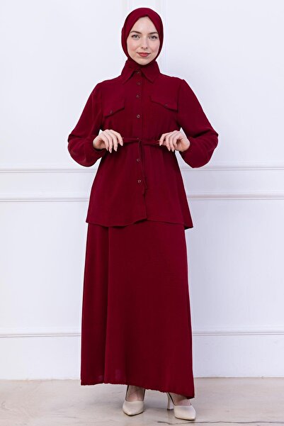 hafsamina Ayrobin Suit with Tie Waist Skirt Claret Red Hm2734