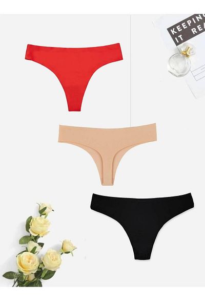 GECKO COLLECTION Thong Black Red Skin Laser Cut Seamless No Trace Women's Panties 3 Pieces