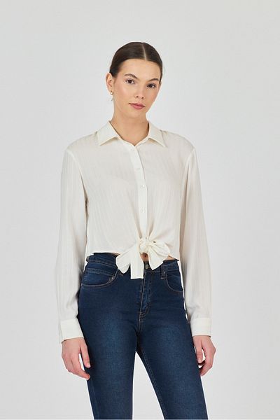 ÖNDER MODA Women's White Front Tie Long Sleeve Shirt