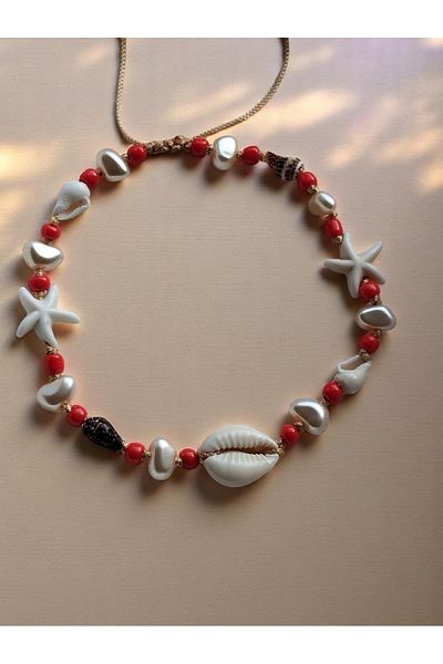 Amabel Jewelerys Red Women's Anklet with Mussel Shell, Pearl and Starfish Detail