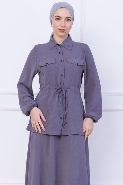 hafsamina Ayrobin Suit with Tie Waist Skirt Gray Hm2734