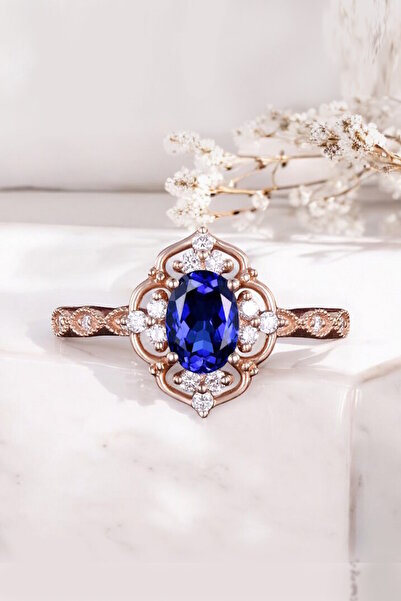 My Diamond Oval Safir Ve Pırlanta Vintage Tasarım Yüzük