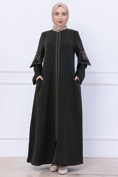 hafsamina Embroidery Detailed Ferace Khaki Hm2733