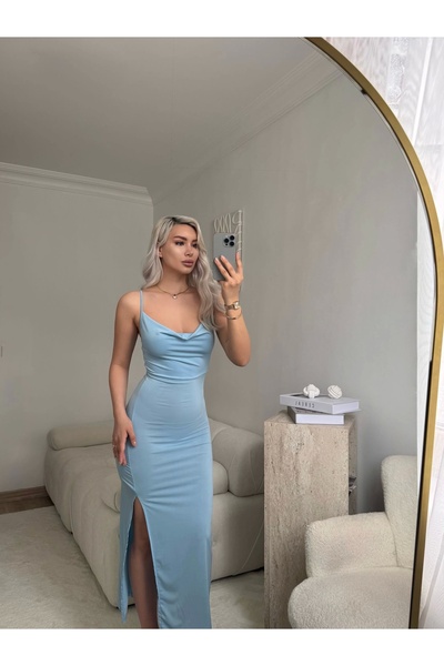 Zora Butik Waterfall Yaka Yırtmaçlı Elbise - MAVİ