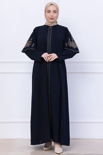 hafsamina Embroidery Detailed Ferace Navy Blue Hm2733