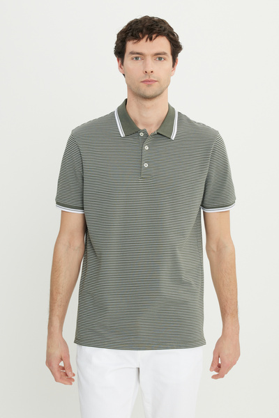 ALTINYILDIZ CLASSICS Ανδρικό μπλουζάκι από βαμβακερό χακί Slim Fit Slim Fit Polo με ριγέ μπλουζάκι