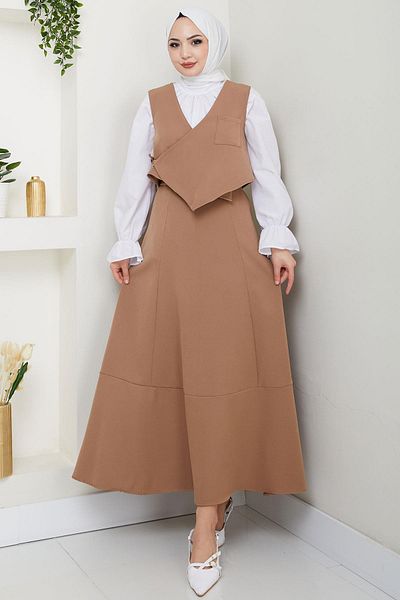 hafsamina Side Tie Vest Suit Mink Hm2723