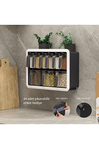 Citim Standlı 9lu Baharatlık Takımı Kendinden Yapışkanlı Kaşıklı Ve Kapaklı Baharatlık Seti