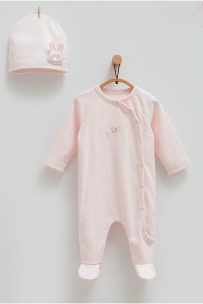 Caramell Hospital Release Baby Girl 4-Piece Zibin Set (Body Jumpsuit Pants Hat) with Flower Detail