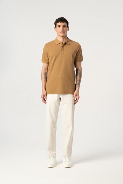 MFY Fashion 100% Cotton Pique Soft Texture Breathable Fabric Non-Curling Collar Polo Neck T-Shirt Brown