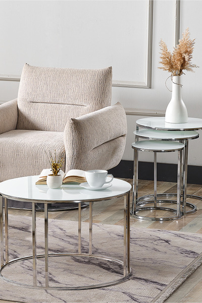 SEDAŞ LIVING UNITS 4 Lü Beyaz Temperli Kırılmaz Cam Gümüş Metal Ayaklı Cam C ...