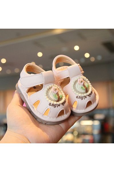 Superbaby Sandalute roz pudra cu piuitoare - Floricica crosetata