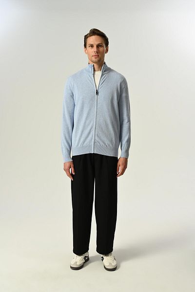 MFY Fashion Men's 100% Cotton Thin Knitwear Sweater Full Zipper Standard Fit Regular Cut Light Blue