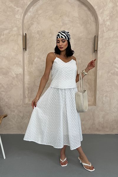 Ortaya Çık White Scallop Fabric Blouse Skirt Set