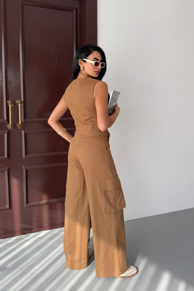 Ortaya Çık Brown Design Vest Pants Bottom Top Set