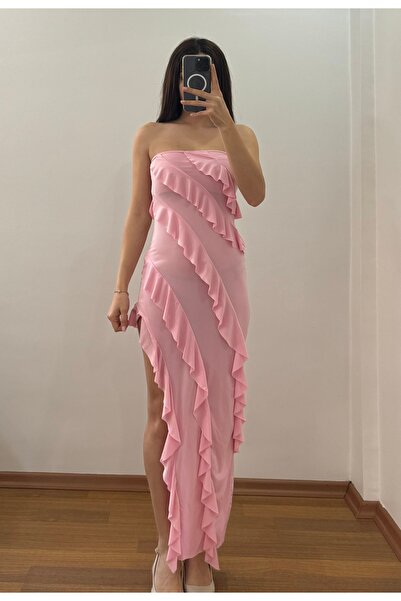 Sunshine Butik Straplez Pembe Yırtmaçlı Elbise