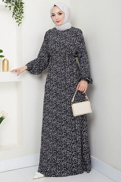 hafsamina Crispy Flower Patterned Summer Viscose Dress Black Hm2717