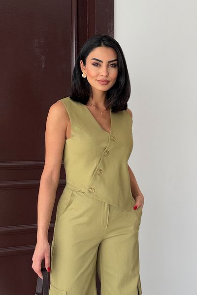 Ortaya Çık Khaki Design Vest Pants Bottom Top Set