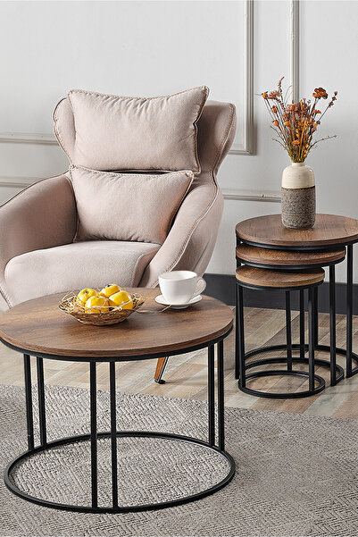 SEDAŞ LIVING UNITS 4 Lü Koyu Ceviz Suntalam Siyah Metal Ayaklı Cam C Model Se...