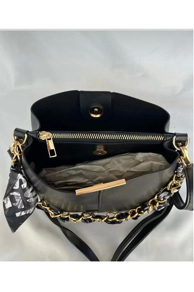 Modabag Γυναικείο κασκόλ και αξεσουάρ αλυσίδας Μαλακό δέρμα 3 θέσεων Μαύρη τσάντα χειρός και ώμου