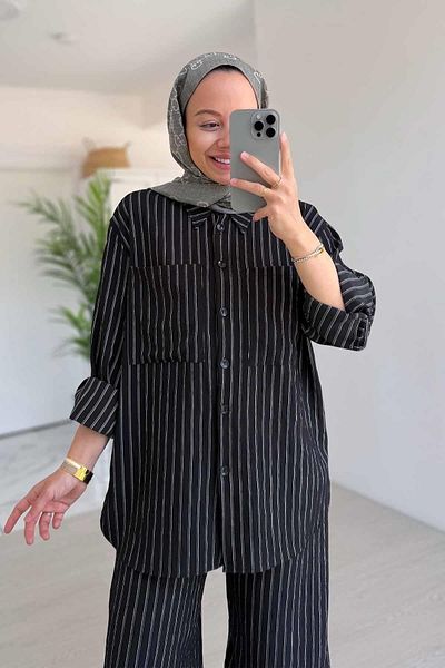 Ka Hijab Σετ με ρίγες με φαρδύ πόδι - Μαύρο