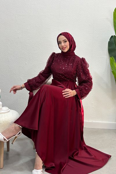 Abiye Diyarı Women's Paris Model Upper Stone Sequin Skirt Part Satin Evening Dress-Burgundy