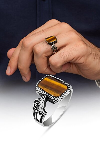 ALYANSEVİM Kaplan Gözü Taşlı Tuğra Motifli 925 Gümüş Erkek Yüzük