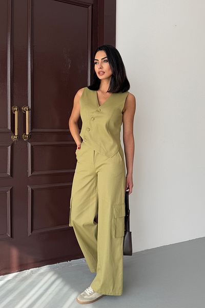 Ortaya Çık Khaki Design Vest Pants Bottom Top Set