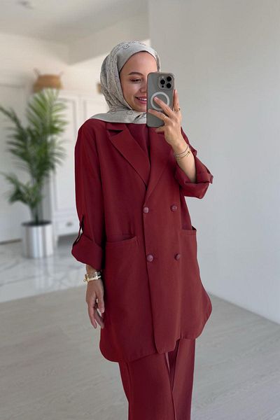 Ka Hijab Casual Jacket&Pants Double Suit - Burgundy