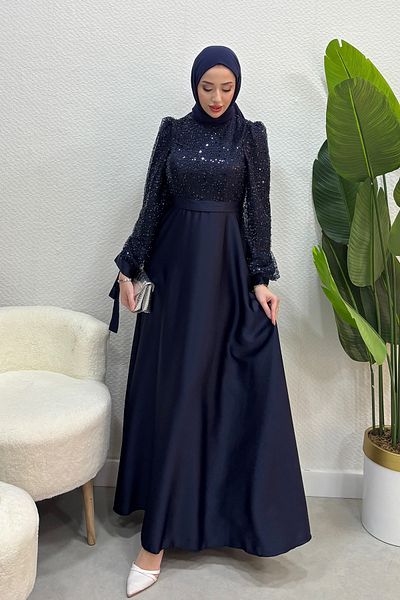 Abiye Diyarı Women's Paris Model Upper Stone Sequin Skirt Part Satin Evening Dress-Navy Blue