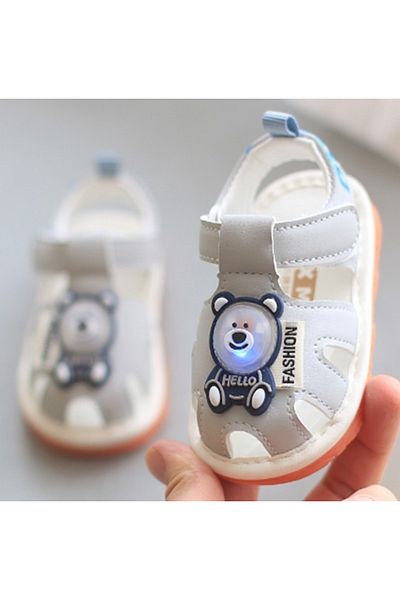 Superbaby Sandalute gri cu piuitoare si ursulet cu led