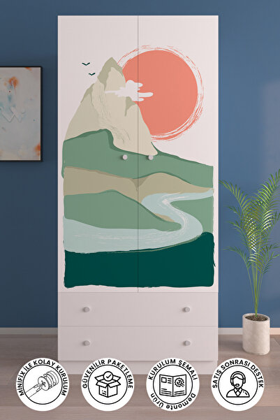 Hediyeler Kapında Çocuk Odası 2 Kapaklı Sunset Gardırop 5 Raflı 2 Çekmeceli A...