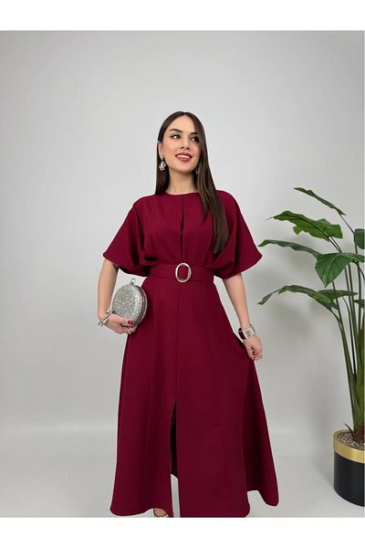 Afiş Butik Belt Detailed Round Neck Slit Pleated Midi Dress