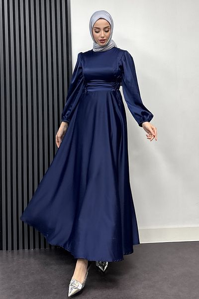 Abiye Diyarı Satin Evening Dress with Side Drawstrings - Navy Blue