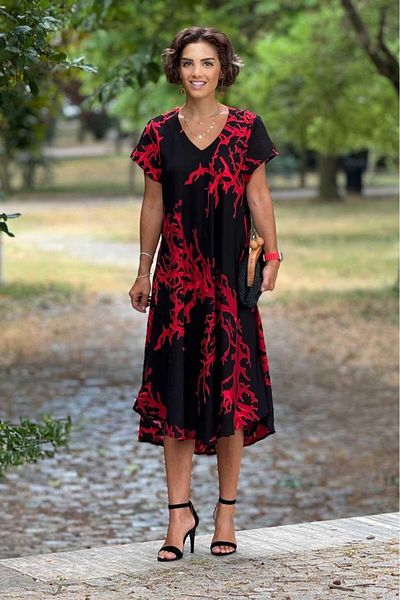 Nevin Kaya Moda Φόρεμα Afitap Coral με μοτίβο μαύρο κόκκινο 100% βαμβάκι