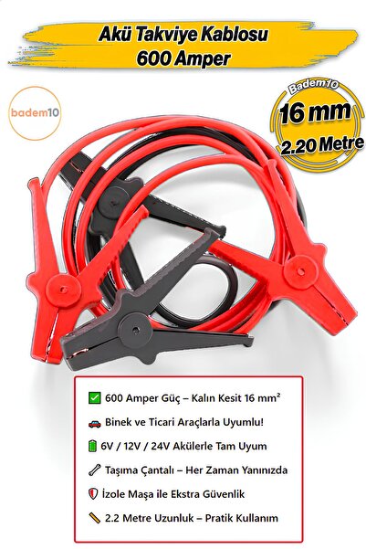 Badem10 600 Amper Akü Takviye Kablosu 2.2 Metre 16mm² Kalınlık 6V/12/24V Araç...