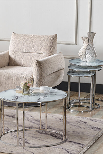 SEDAŞ LIVING UNITS 4 Lü Beyaz Mermer Temperli Kırılmaz Cam Gümüş Metal Ayaklı...