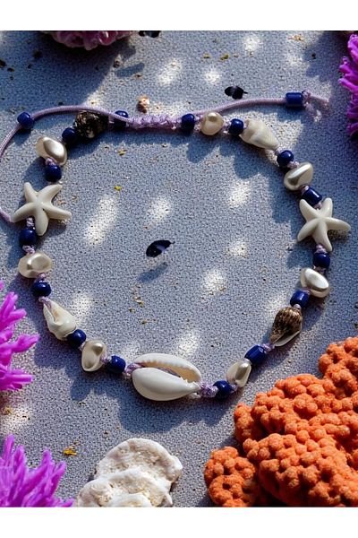 Amabel Jewelerys Purple Women's Anklet with Mussel Shell, Pearl and Starfish Detail