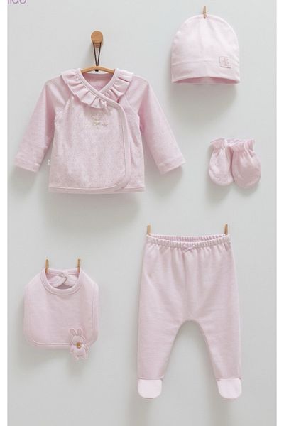 Caramell Hospital Release Baby Girl 5 Piece Zibin Set with Flower Pattern (Top Zibin Pants Hat Gloves Apron)0-3 Months
