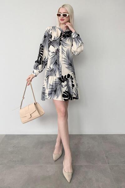 Madmext İndigo Desenli Düğmeli Kısa Kadın Elbise Mg2432