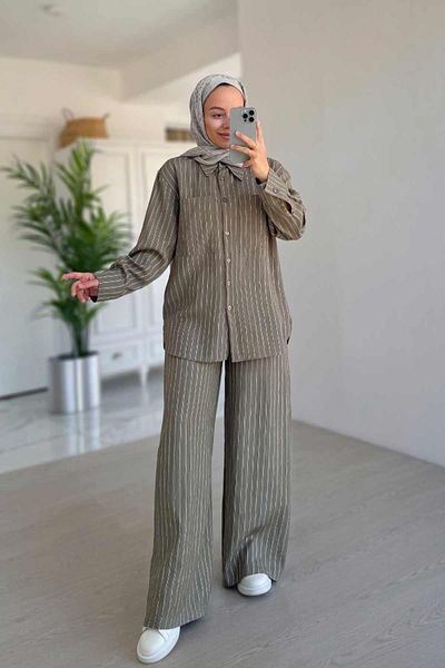 Ka Hijab Wide Leg Striped Suit - Khaki