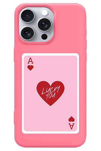 WANNA PROTECT iPhone 15 Pro Max Pembe İçi Kadife Lucky You Desenli Silikon Te...