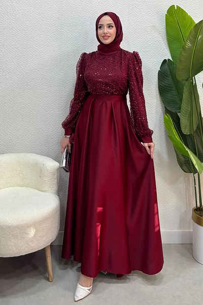 Abiye Diyarı Women's Paris Model Upper Stone Sequin Skirt Part Satin Evening Dress-Burgundy