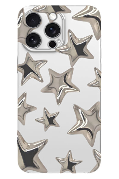WANNA PROTECT iPhone 15 Pro Max Stars Desenli Silikon Şeffaf Telefon Kılıfı