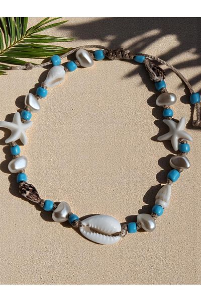 Amabel Jewelerys Blue Women's Anklet with Mussel Shell, Pearl and Starfish Detail