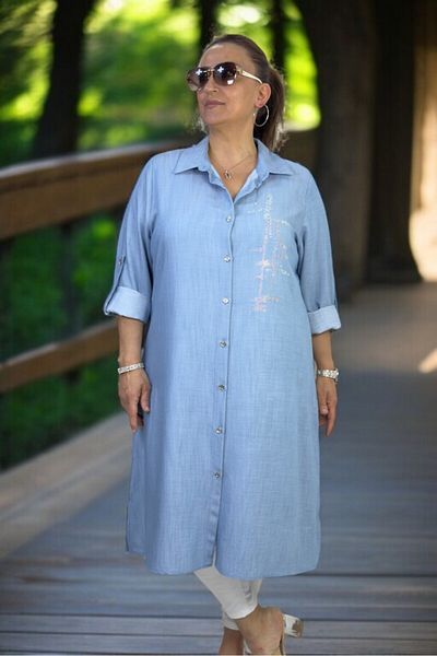 yagmurberen Stone Patterned Folding Sleeve Detail Front Buttoned Organic Cotton Large Size Shirt Tunic Dress