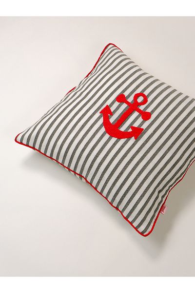 Galia Tasarım Ankora - Striped Anchor Washed Linen Punch Throw Pillow Cover