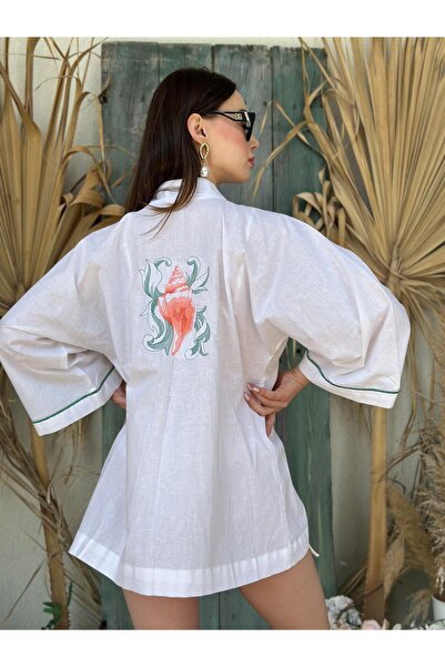 NUNE Beyaz Keten Karışımlı Turuncu Yeşil Nakış Işleme Bağcıklı Kısa Plaj Göml...